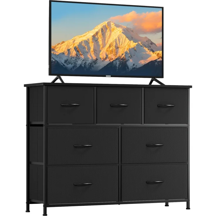 Somdot Kommode mit 7 Stoffschubladen, Schlafzimmer, Schwarz | Komodenschrank, Stoffkommode, Großer Stauraum, Metrallrahmen, Holzwerkstoffoberplatte,Wohnzimmer, Flur, 30T x 100B x 77H
