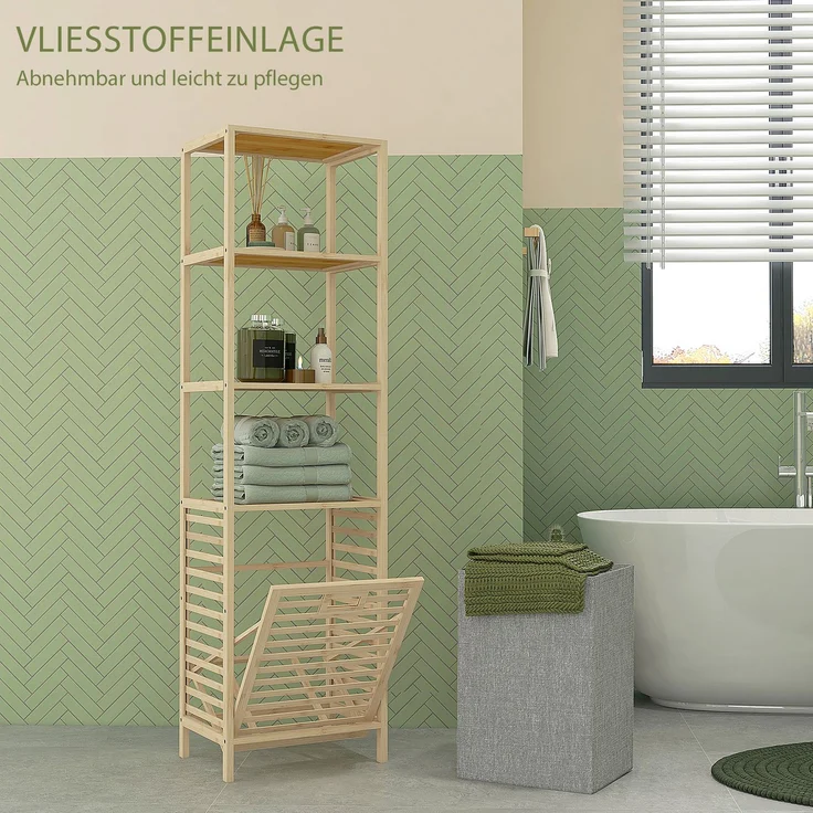 Badregal 44 x 33 x 160 cm aus lackiertem Bambus mit 3 Ablagen und kippbarem Wäschekorb – Bild 3
