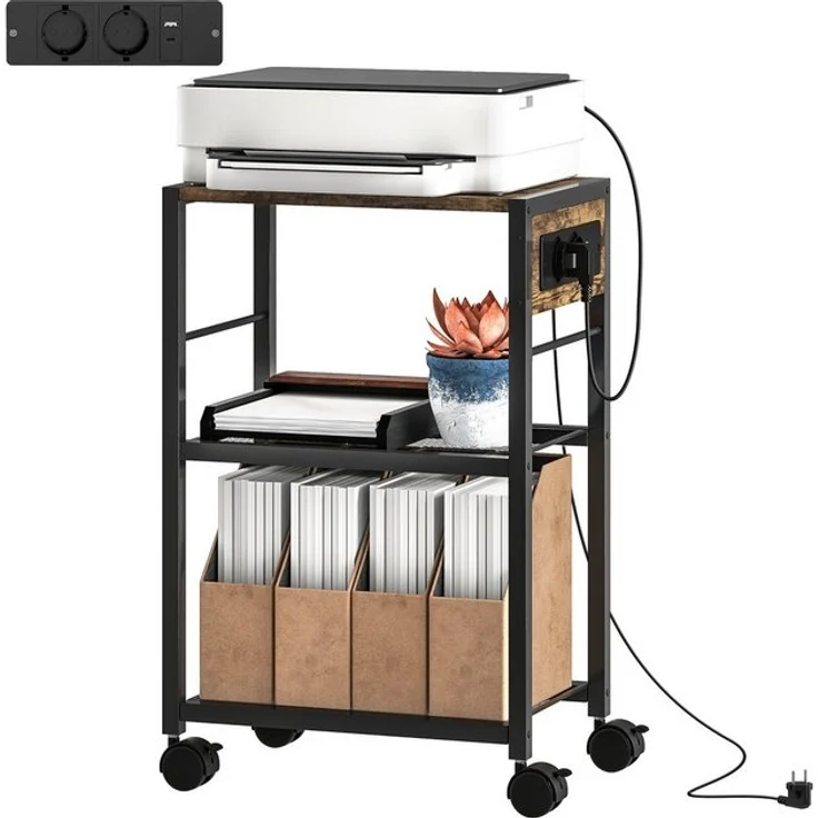 HOMCOM Aktenschrank mit Rollen, Steckdosen, USB- und USB-C-Anschlüsse (Druckeregal, 1-St, Druckerständer) bis 40 kg, für Büro Arbeitszimmer 42 x 28 x 64,5 cm Rustikalbraun – Bild 4