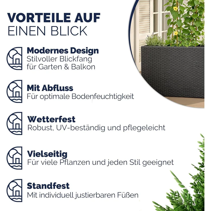 Casaria Pflanzkübel, 4 Innentöpfe Herausnehmbar Polyrattan 95x27x60cm Blumentopf Schwarz – Bild 7