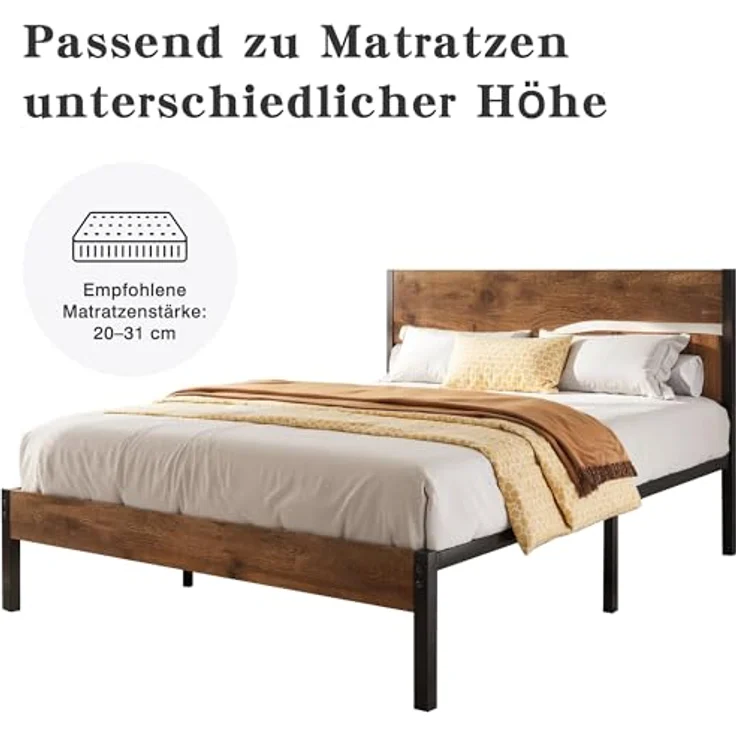 VECELO Bettgestell 140x200 cm Bettrahmen mit Lattenrost, Doppelbett Metallbett mit Dick Holzkopfteil, Modern Gästebett Jugendbett, Perfekt für Erwachsene und Jugendliche, Braun – Bild 7