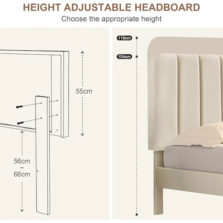 VECELO Polsterbett 140x200 cm, Doppelbett mit Höhenverstellbarem Kopfteil, Samtbezug und Stabiler Lattenrost, Geräuschfrei, Einfache Montage, für Schlafzimmer und Gästezimmer, Beige – Bild 6