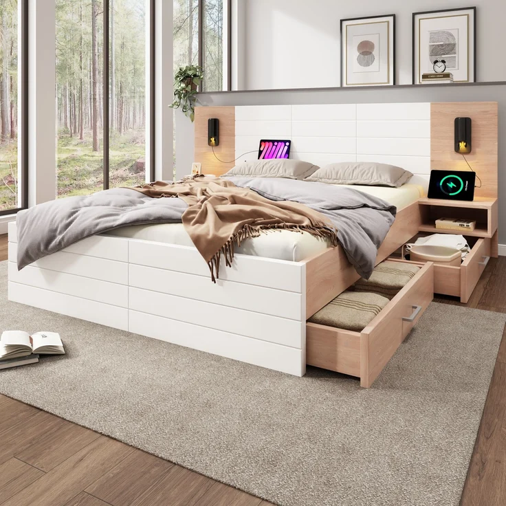 Doppelbett Holzbett Bettanlage mit 2 Schubladen, Kopfteil Leselicht mit USB Ladefunktion, Modernes Bett inkl. 2 Nachtkommode, Bettgestell & Lattenrost, Set in Eiche/Weiß, Ohne Matratze, 180×200 cm – Bild 10