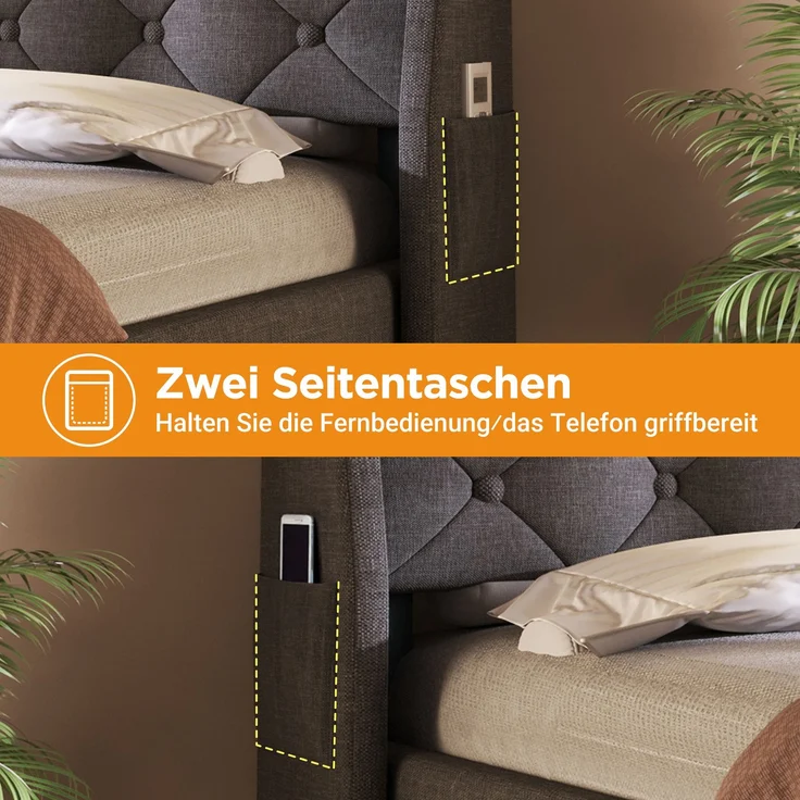 Polsterbett 90x200 mit LED-Stimmungslicht, USB & Typ-C Ladeanschlüssen, Stauraum, Kopfteilregal, Stofftaschen, inkl. Matratze – Bild 6
