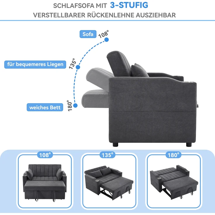 Multifunktions Schlafsofa mit 3-fach Rückenlehne & Getränkehalter, Baumwoll-Leinen, 136x162x84 cm, Grau – Bild 7