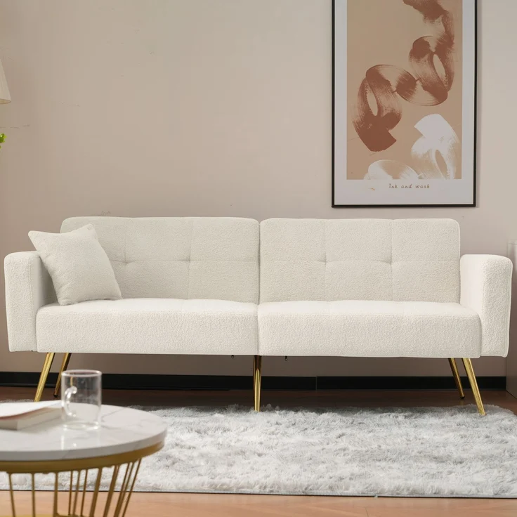 ZUBALIYA Schlafsofa 64x72 cm, mit Stauraum, mit Samtbezug, mit Schaumstoffpolsterung, aus Stoff: Sherpa, Weiß – Bild 9