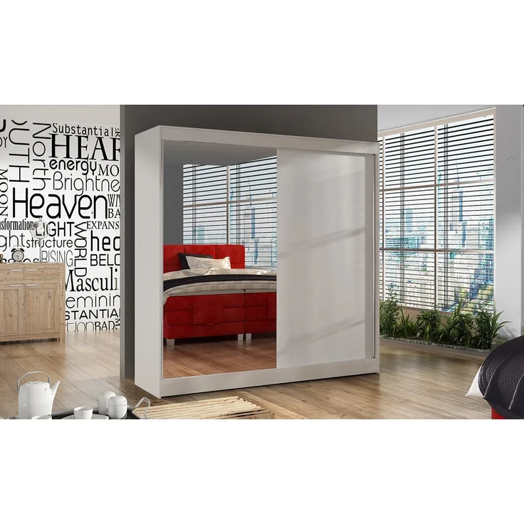 Schwebetürenschrank Basti I 200 cm mit Spiegel - Kleiderschrank, Schiebetürenschrank mit Kleiderstange und Einlegeboden, Schlafzimmerschrank, Schiebetüren, 200x215x58 cm (Weiß)