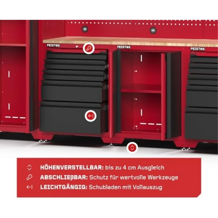 Feistos Werkstatteinrichtung "Juno 11", schwarz/rot, 396 x 46 x 198 cm (B x T x H),2 Hochschränke – Bild 4