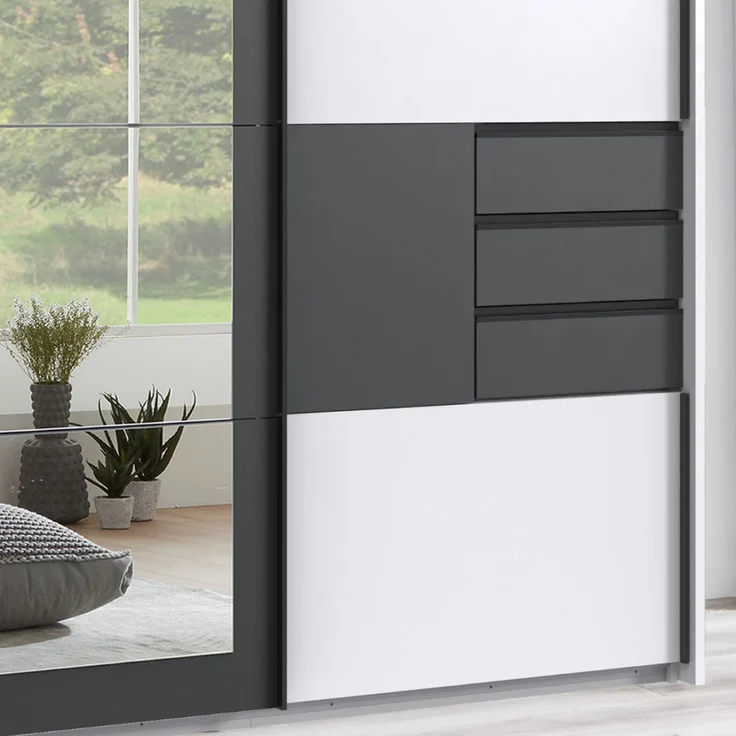 Schwebetürenschrank Kleiderschrank 273 cm Passepartout Schubladen Spiegel Weiß Grafit – Bild 4