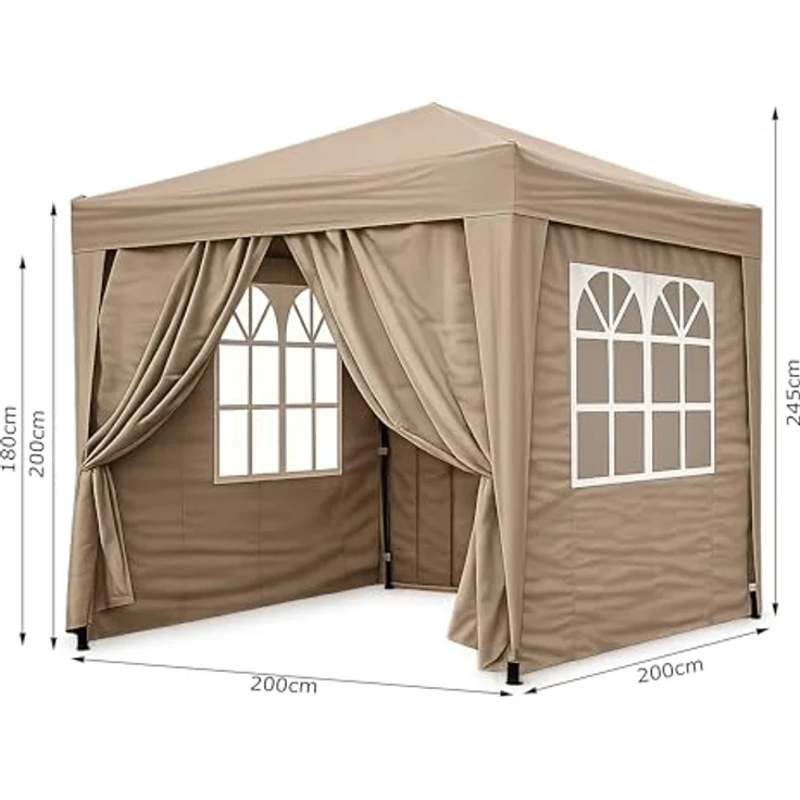 QUICK STAR Faltpavillon 2 x 2 m Braunbeige, mit 4 Easy-Klett Seitenwänden (2 Reißverschlüsse, 2 Fenster), Pop Up faltbar, inkl. Tragetasche – Bild 3