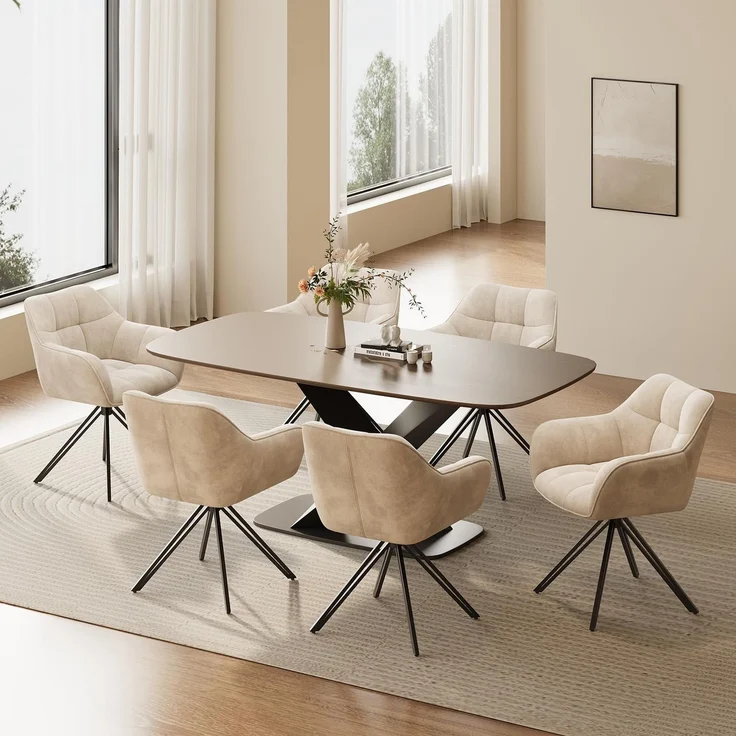 COLAMY Drehbare Esszimmerstühle, 6er Set mit Armlehnen und Rückenlehne, Gepolsterte Stühle für Küche, Essbereich & Wohnzimmer, Beige