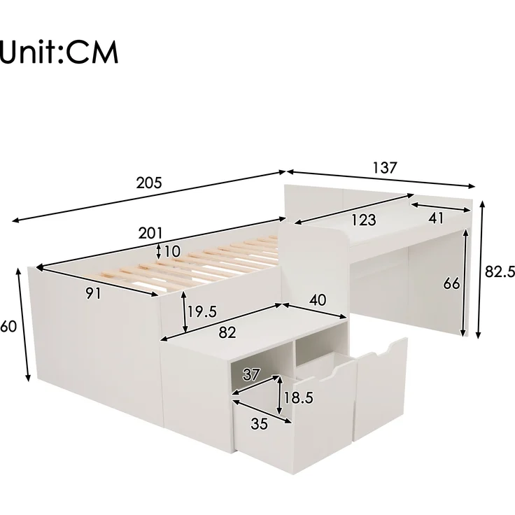 MODFU Kinderbett Schreibtischbett Funktionsbett für Kinderzimmer (Jugendbett, Lernbett, 1-tlg, 90 x 200 cm, Ohne Matratze), mit integriertem Schreibtisch und Schubladen – Bild 3