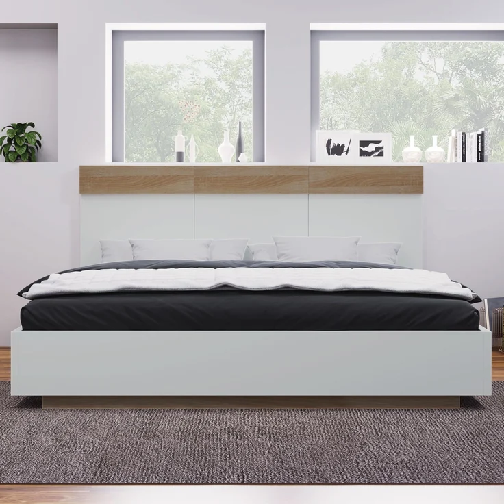 Merax Holzbett Schwebebett 160x200 Doppelbett mit Kopfteil & Lattenrost für Schlafzimmer Beige & Weiß – Bild 3