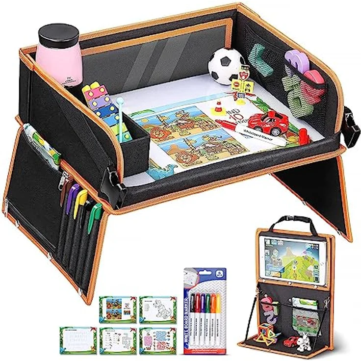 lenbest Doppelfunktion Kinder Reisetisch, Knietablett Reisetisch（Auto Rückenlehnenschutz） mit Transparenter Zeichnungsfilm, 5 Zeichnungsplatten und 6 Farbpens - Schwarzes/Orange – Bild 2