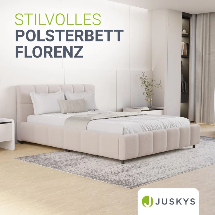 Juskys Polsterbett Florenz 140 x 200 cm – Bouclé, modernes Bett mit Kopf- & Fußteil, stabilem Holz- & Metallrahmen, Lattenrost, 500 kg Tragkraft – Beige – Bild 2