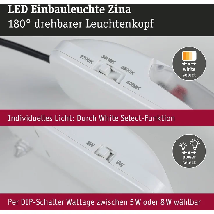 Paulmann LED-Einbauleuchte Zina 5/8 W Ø 9 cm dimmbar weiß matt – Bild 3