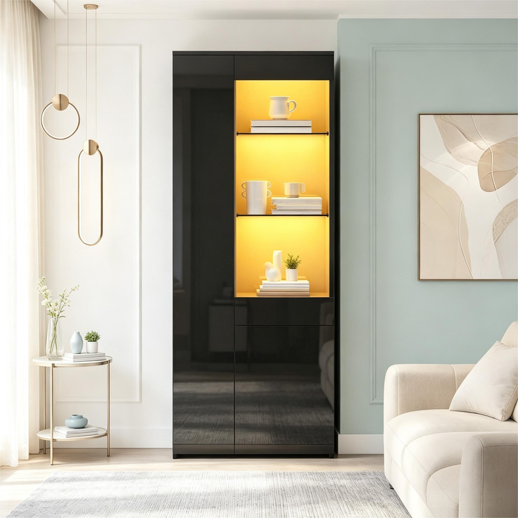 Vitrine 70 x 35 x 180 cm aus Spanplatte und gehärtetem Glas mit LED-Beleuchtung – Bild 3