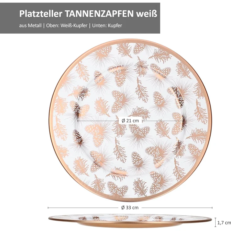 MamboCat Servierplatte 6x Platzteller Tannenzapfen weiß kupfer 33cm Dekoteller leicht Metall, Metall – Bild 6
