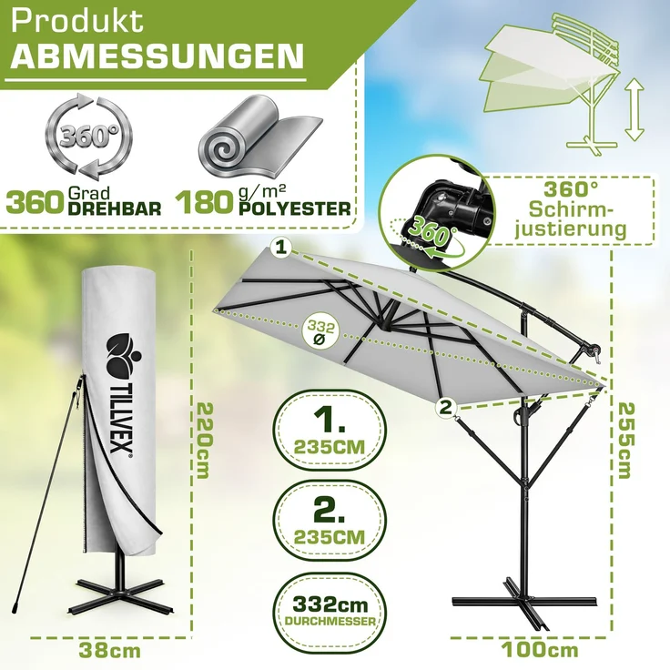 tillvex® Alu Sonnenschirm Rechteckig Ø 330 cm Grau + Abdeckung mit Kurbel | Ampelschirm Eckig mit Ständer & Windschutz | Gartenschirm UV-Schutz Aluminium | Kurbelschirm Marktschirm wasserdicht 360° drehbar – Bild 2