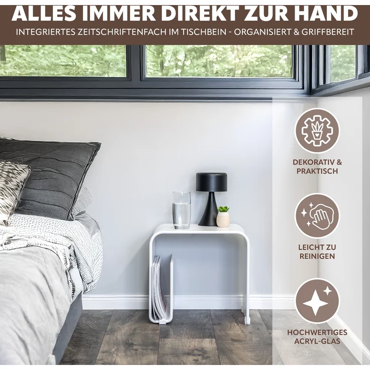 Acryl Beistelltisch mit Magazinhalter 2in1, weiß-matt – Bild 3