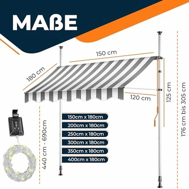 KESSER® Klemmmarkise mit Handkurbel & LED Lichterkette | Balkonmarkise ohne Bohren | Markise UV-beständig höhenverstellbar & wasserabweisend | Sonnenschutz für Balkon Terrasse & Garten Weiß / Grau, 350cm – Bild 5