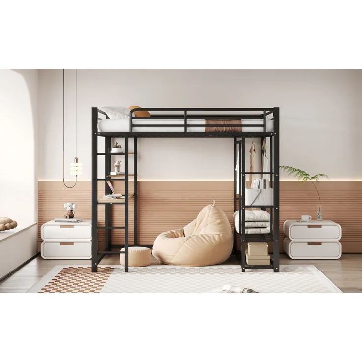 ZUBALIYA Metall-Hochbett mit Leiter 140x200 cm, Juniorbett Doppelbett mit Tisch mit einfachen Kleiderbügeln mit Ablagefächern, Schwarz – Bild 9