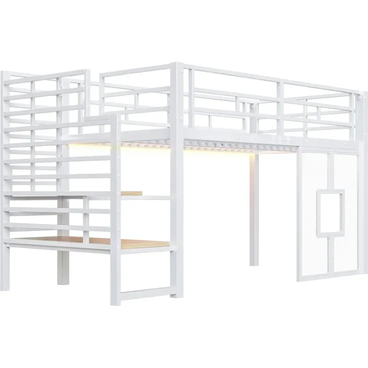 Hochbett mit LED-Streifen, Lattenrost, Rausfallschutz und Fenstern, Treppe mit Regal, 90x200 cm, Einzelbett, Kinderbett, Metall – Bild 9