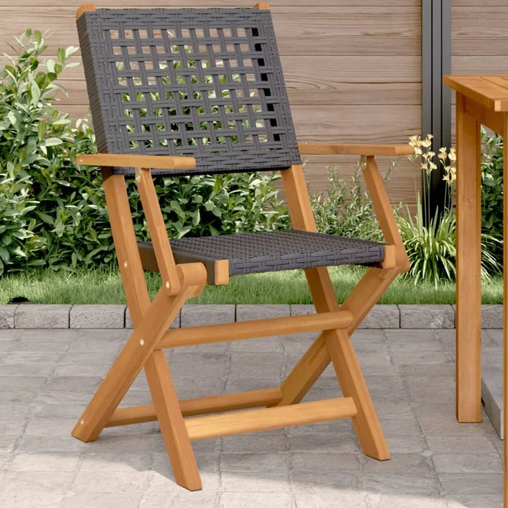 vidaXL Klappstühle, 2 Stück, schwarz, Massivholz Akazie und Polyrattan 367663 – Bild 1