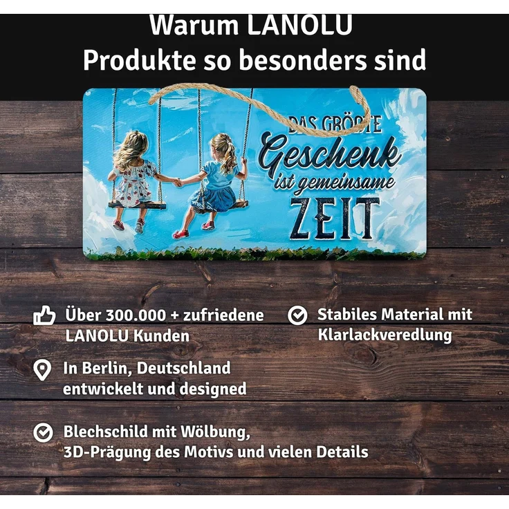 LANOLU Blechschild Größte Geschenk: Zeit - 16x32cm – Metall – Blau – 16118 – Bild 5