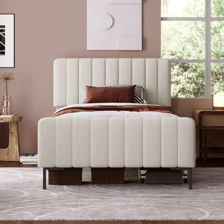 Polsterbett 90x200 cm mit höhenverstellbarem Kopfteil, stabilem Metallrahmen & Holzlatten, Stoff Grau-Beige,inklusive Matratze – Bild 4