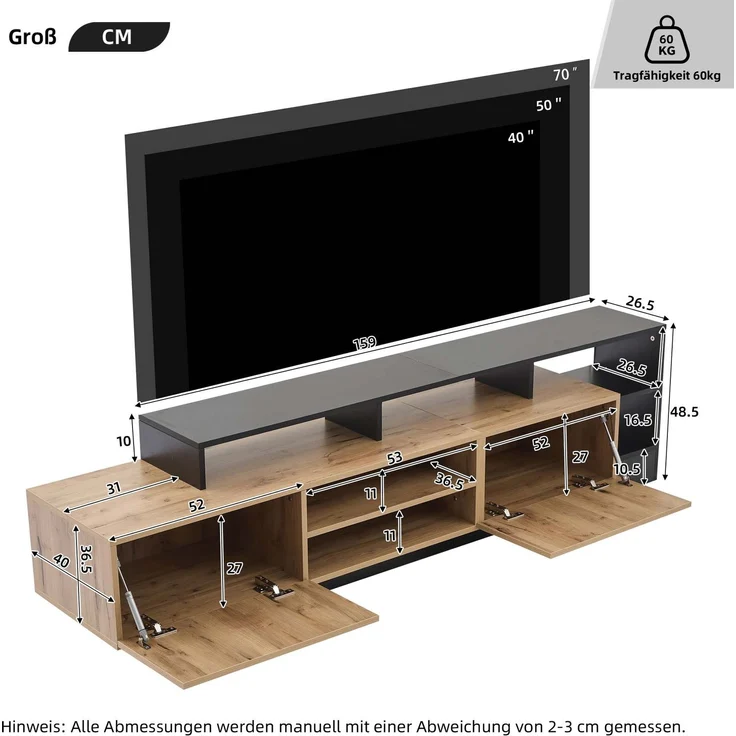 TV-Schrank in Holz & Schwarz,mit 2 herunterklappbare Türen, offene mittige Schubladen, LED-Fernbedienung 16 Farben 4 Modi – Bild 10