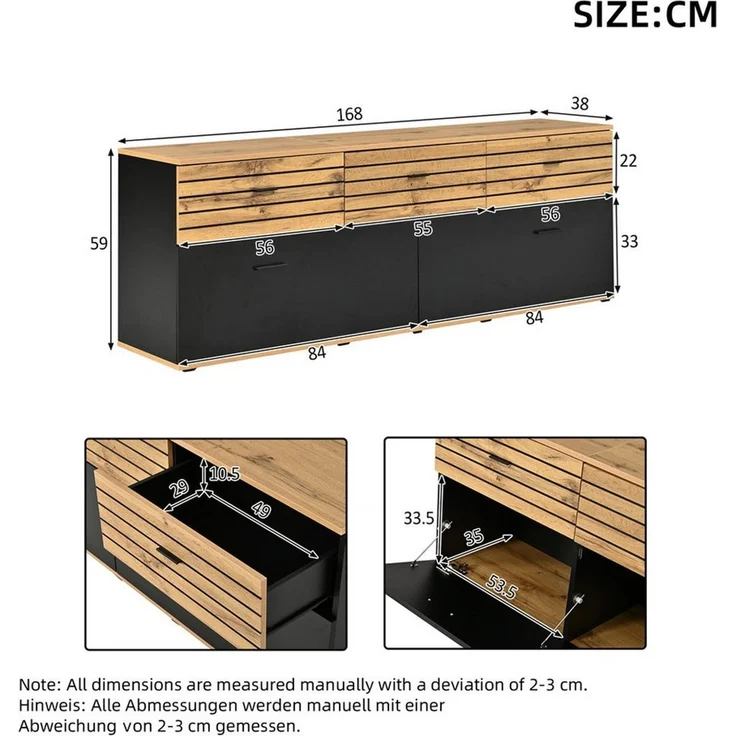 Fine Life Pro TV-Schrank Lowboard / TV‑Schrank / TV‑Lowboard mit 2 Türen, 3 Schubladen 168×38×59 cm, für Wohnzimmer – Bild 4