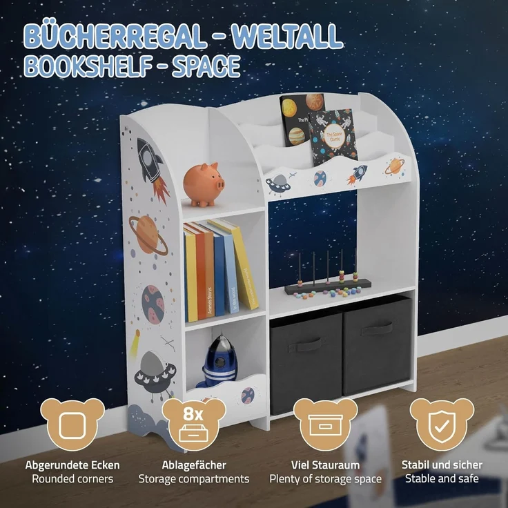 Joyz Spielzeugtruhe Kinderregal Kindermöbel Kinderzimmerregal Spielzeug Spielzimmer Möbel, Weltraum Bücherregal mit 8 Ablagen & 2 Boxen Pressspan / Vlies – Bild 4