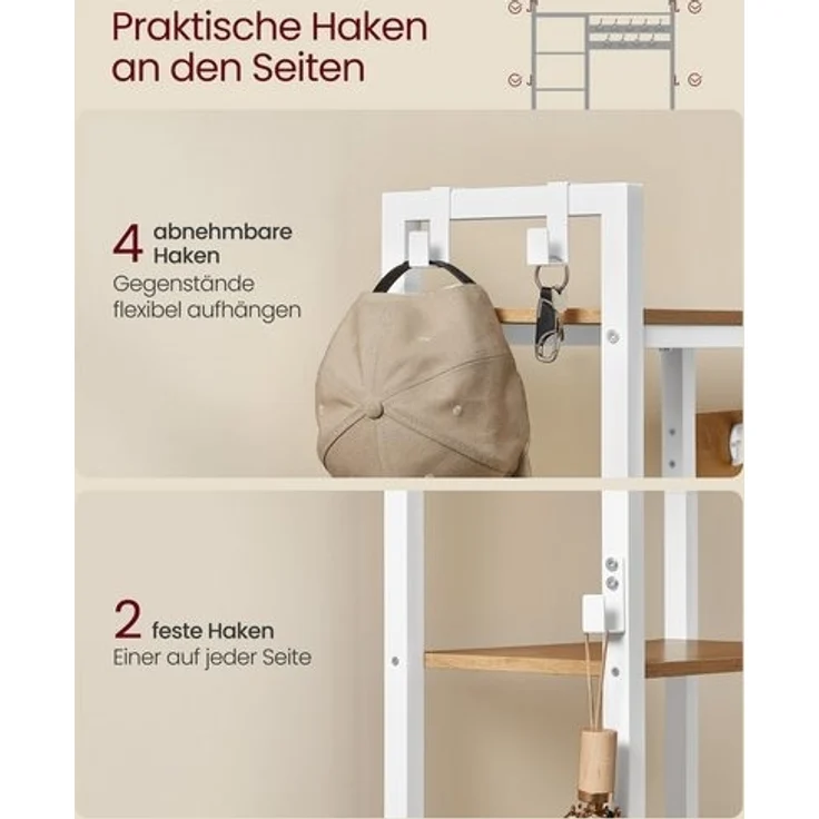 VASAGLE Garderobenständer mit Schuhbank, Garderobe, 5 Regalebenen aus Spanplatten, 9 Dreifach-Haken, 6 seitliche Haken, 40 x 120 x 190 cm, goldeichenfarben-wolkenweiß HSRDE426Y01 – Bild 4