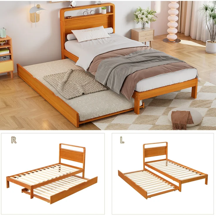 CHICFURN Ausziehbett Holz Natur 90x200 cm mit Gästebett 90x190 cm, links/rechts montierbar – Bild 6