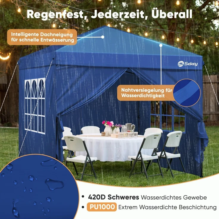 Sekey Premium Pop Up Pavillon 3x3 Wasserdicht Stabil, 3 x 3 m Pavillon mit Seitenwänden, Faltpavillon Partyzelt Faltbar für Camping Party, Höhe Verstellbar 250-270cm, (Navy, Mit Seitenwänden) – Bild 5