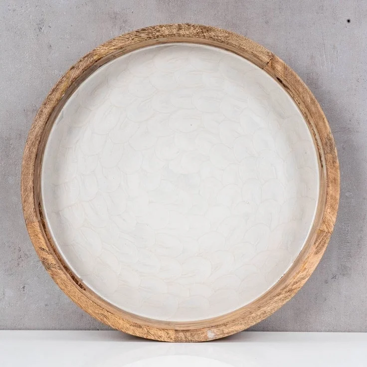Levandeo® Dekotablett, Tablett 35cm Rund Mango Holz Creme Perlmutt Emaille Ablage – Bild 3