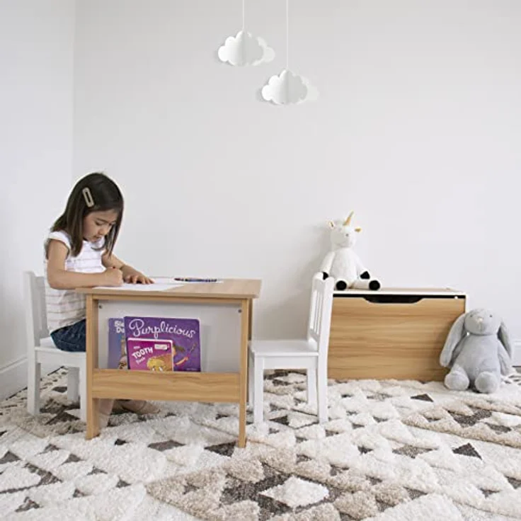 Humble Crew Journey Kindertisch aus Holz mit 2 Stühlen und Bücherregal – Spieltisch für Kinderzimmer, Natur/Weiß – Bild 3