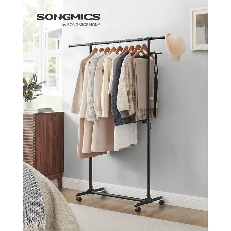 SONGMICS Kleiderständer auf Rollen, Kleiderstange, höhenverstellbar zwischen 97 und 165 cm, ausziehbare Garderobenstange, Garderobenständer, seitliche Haken für Accessoires, schwarz LLR001B01 – Bild 2