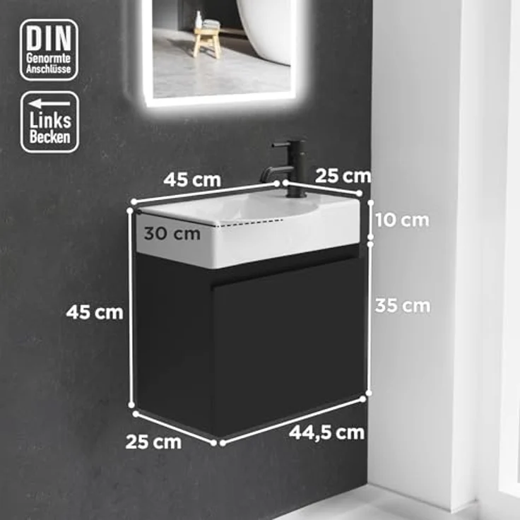 Alpenberger Badmöbel-Set - Gäste WC Waschbecken mit Unterschrank 45 cm Breit, (Badschrank 2-tlg, Waschtisch hängend), Waschbeckenunterschrank mit Softclose - Schwarz - Links Becken – Bild 7