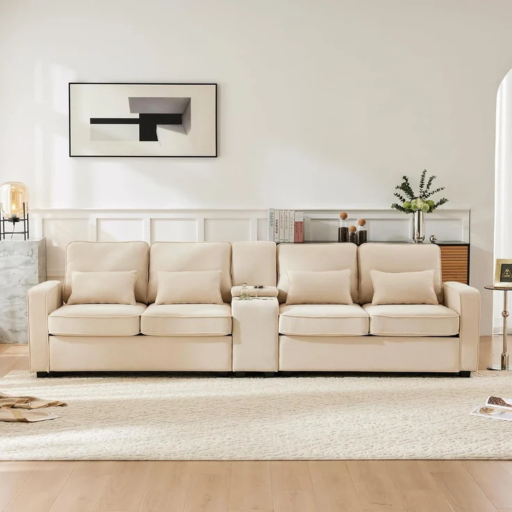 Ball & Cast Sofa mit 2 Getränkehaltern und 2 USB-Anschlüssen, Couch mit Schlaffunktion für Wohnzimmer, Wohnung, Büro, 290 x 83 cm, Beige – Bild 3