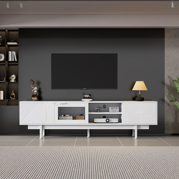 TV-Schrank Weiß 200 x 40 x 50,5 cm, modernes Lowboard für 80-Zoll Fernseher, Sideboard mit 2 Türen 2 Schubladen, 3-Schicht-Ablage – Bild 3