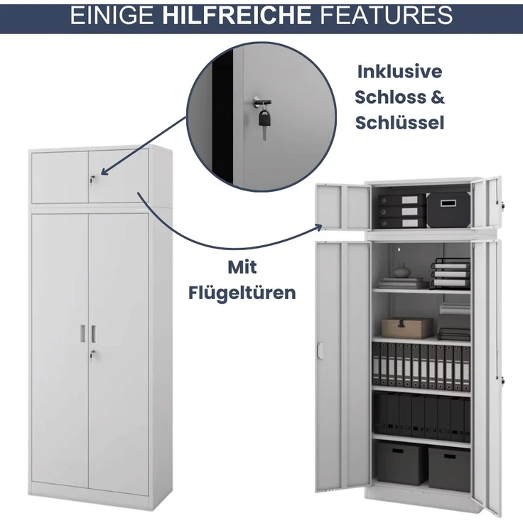 Schrankerweiterung Aktenschrank mit 2 Flügeltüren | Zusatzschrank für Büroschrank Extraschrank Stahl Mehrzweckschrank klein Werkstatt, 38x80x40cm Grau – Bild 5