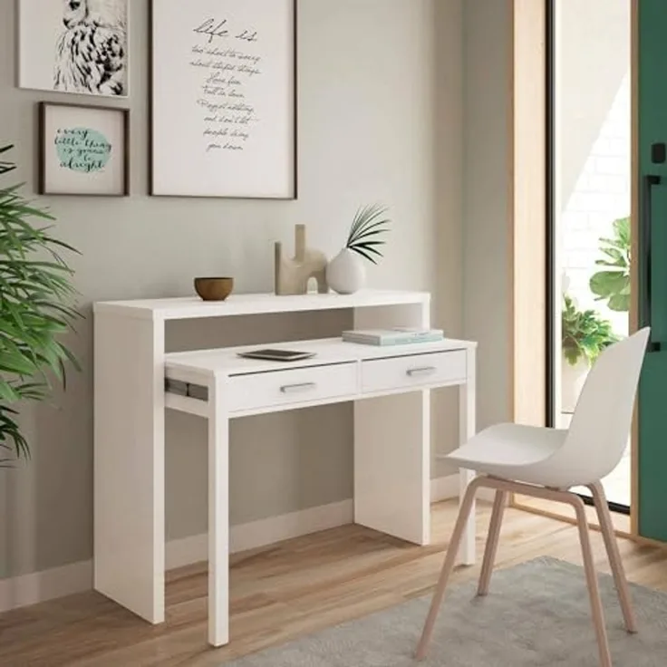 Dmora - Billings Schreibtisch, Möbel für Arbeitszimmer Büro, Schreibtisch mit ausziehbarer Platte, PC-Schreibtisch mit 2 Schubladen, 99 x 36 x 88 cm, Weiß