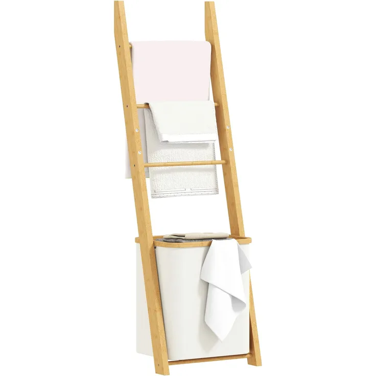 MELAYR, Badregal, 2-in-1 Badezimmerregal mit 3 Stangen, abnehmbarer 48L-Wäschekorb, Bambus, 43 x 35 x 133 cm, Cremeweiß