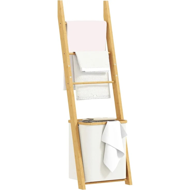 MELAYR, Badregal, 2-in-1 Badezimmerregal mit 3 Stangen, abnehmbarer 48L-Wäschekorb, Bambus, 43 x 35 x 133 cm, Cremeweiß – Bild 1
