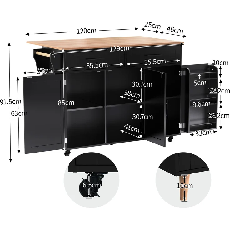 Küchenwagen 129 x 46/71 x 91,5 cm aus MDF, schwarz in Holzoptik, erweiterbar – Bild 4
