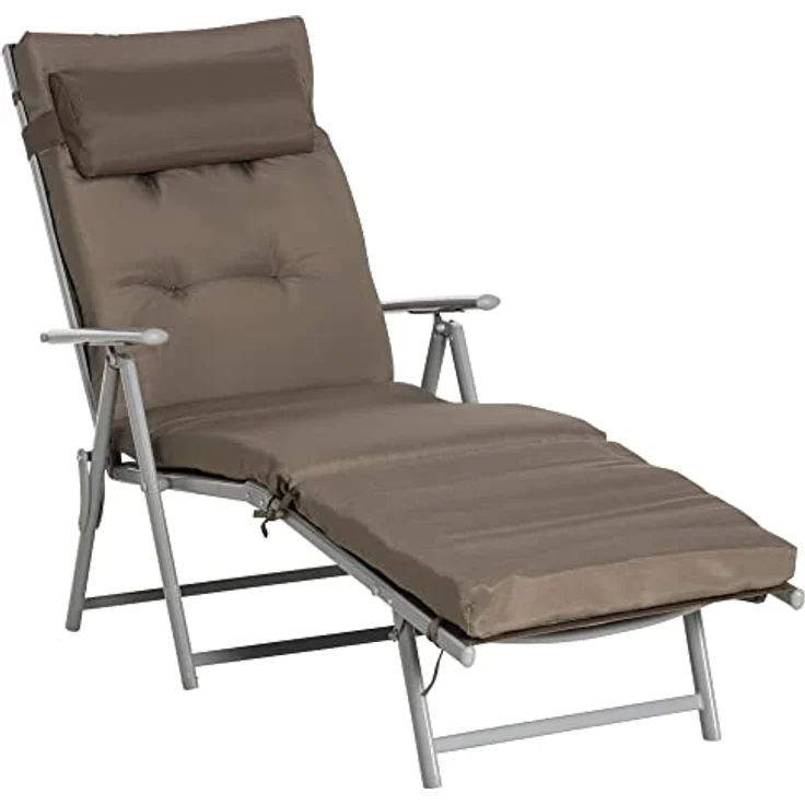 Outsunny Sonnenliege Gartenliege klappbar verstellbar mit Kissen, Metall/Texteline, Braun+Silber, bis 165 kg belastbar, 137 x 63,5 x 100,5 cm – Bild 1