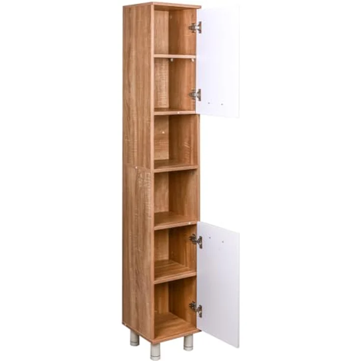 Shally Dogan Hocher, platzsparender Schrank mit 2 Türen, schmaler freistehender Schrank mit 4 Füßen, Mehrzweck-Aufbewahrungsregal, Wohnzimmer, Badezimmer, Küche, Bücherregal, Büro (Weiß + Eiche) – Bild 6
