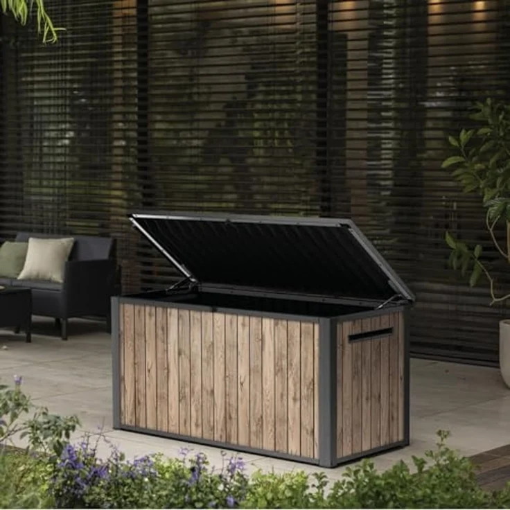 Keter Gartenbox "Sierra" 643L 144x70x73 cm Holzoptik Pinie Deckel bis 272 kg belastbar, Wasserfest, abschließbar – Bild 4